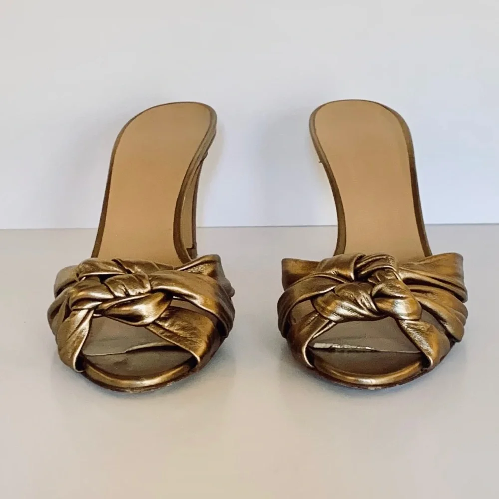 Salvatore Ferragamo Metallic Gold Knot Mule Heels